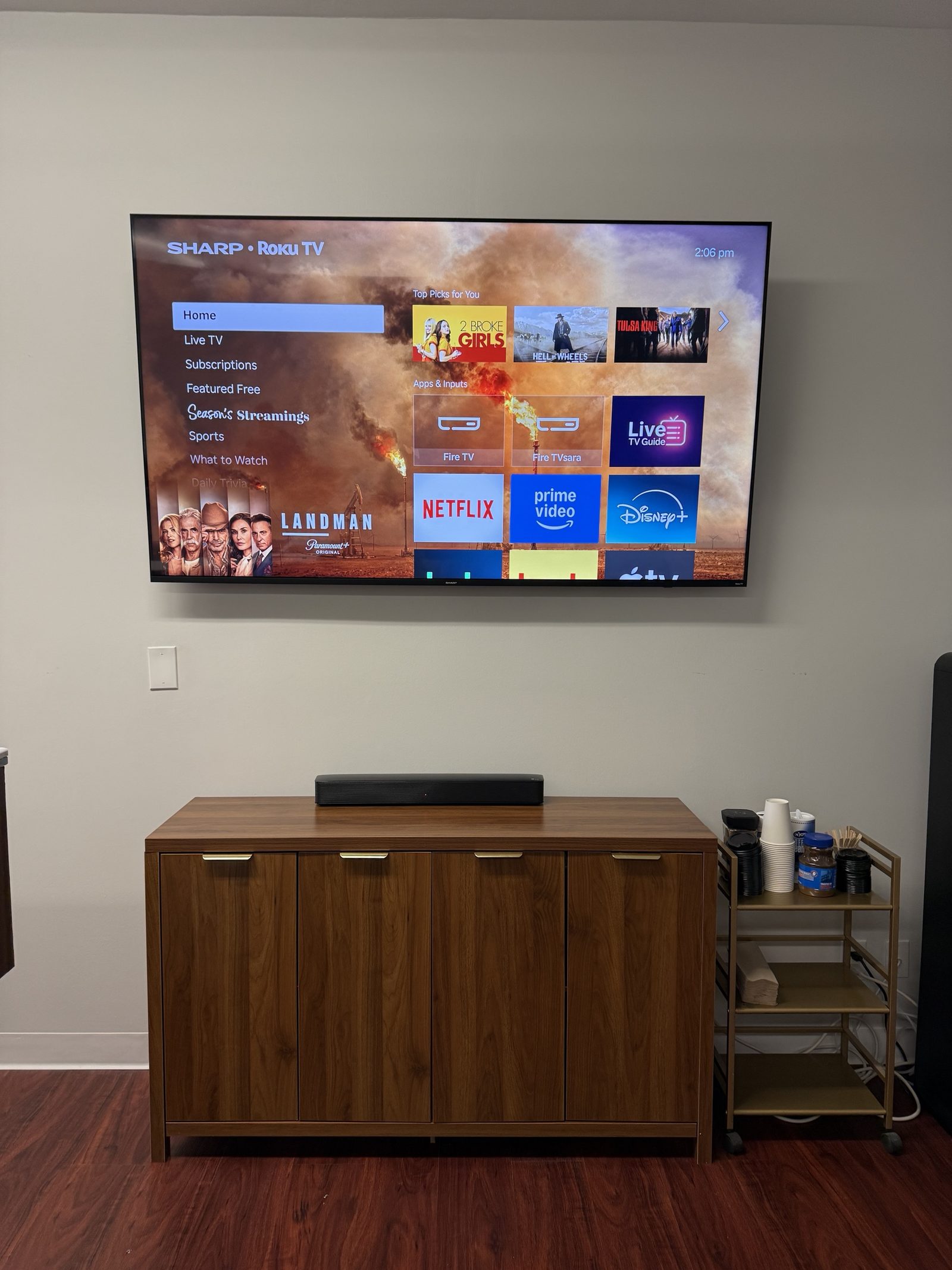 Break room TV and soundbar, mounted and wired.